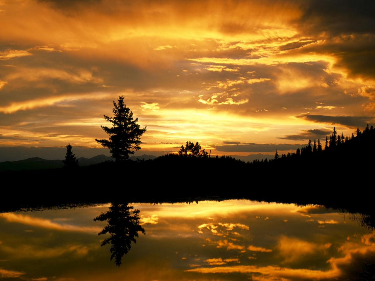 обои Отражение золотого заката в озере фото