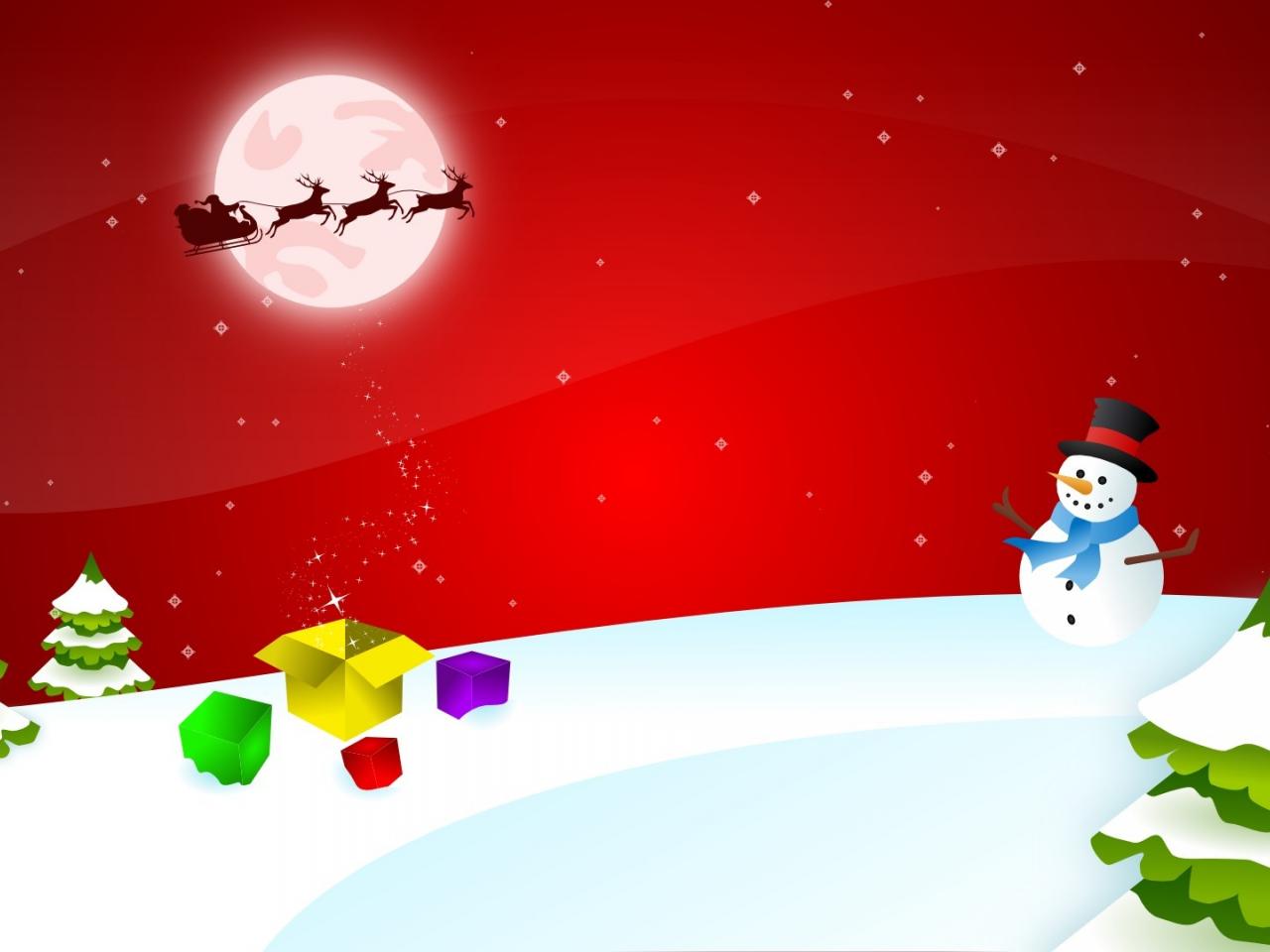 обои Снеговичок,   елки,   подарки и Санта на небе фото