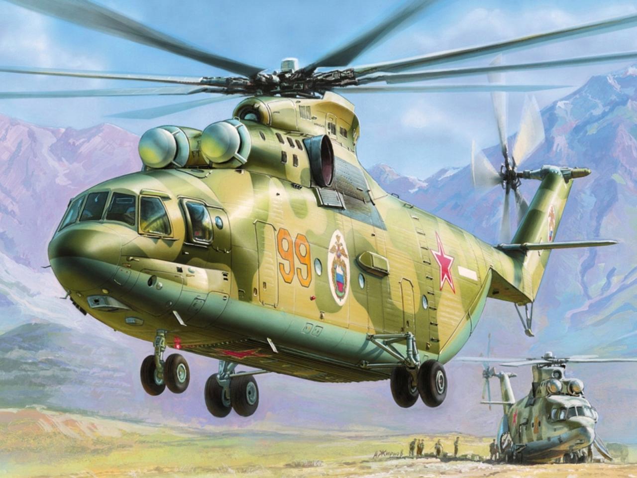обои Рисунок высадки вертолетов в горах фото