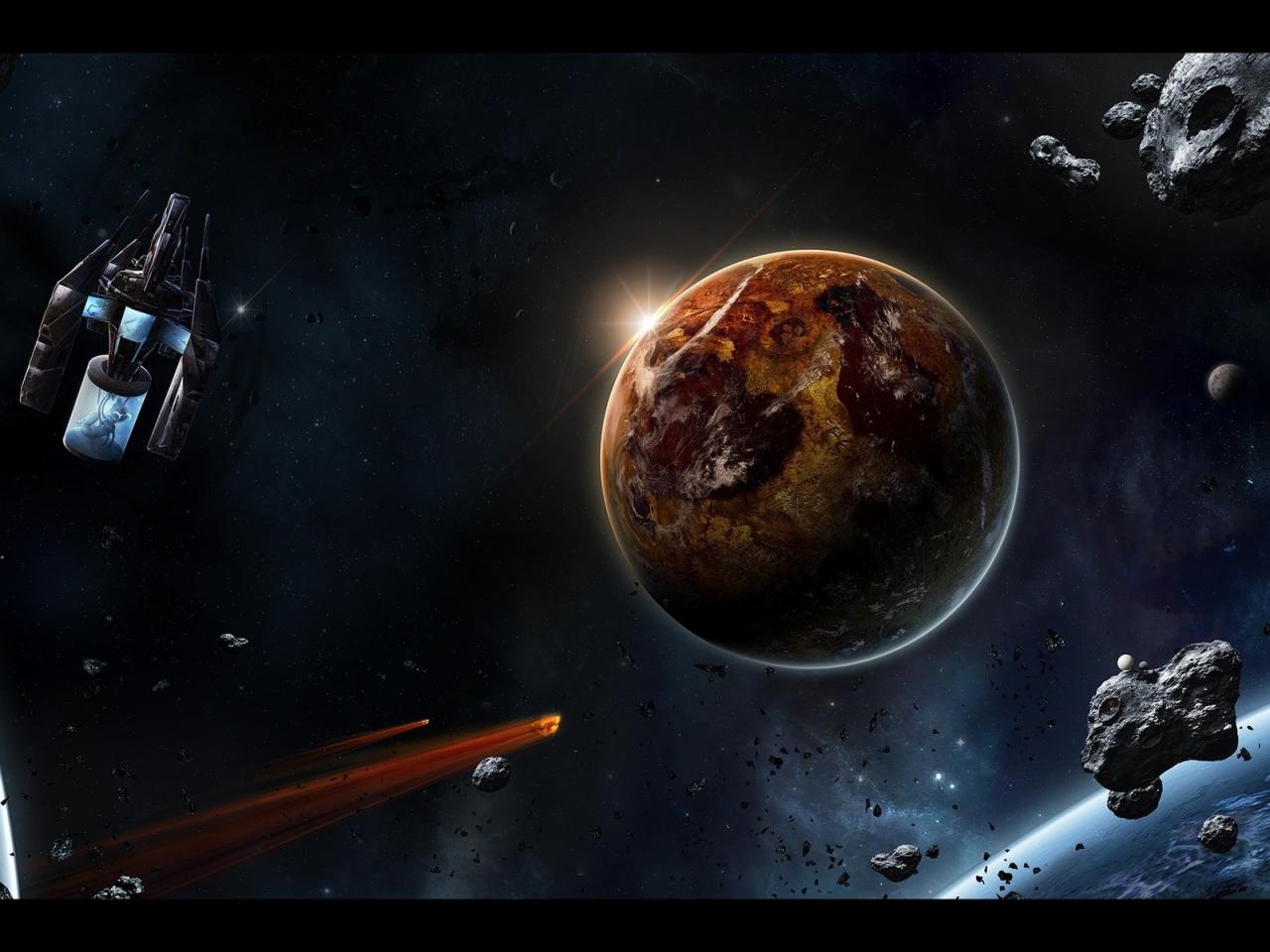 обои Космический корабль и астероиды у планеты фото