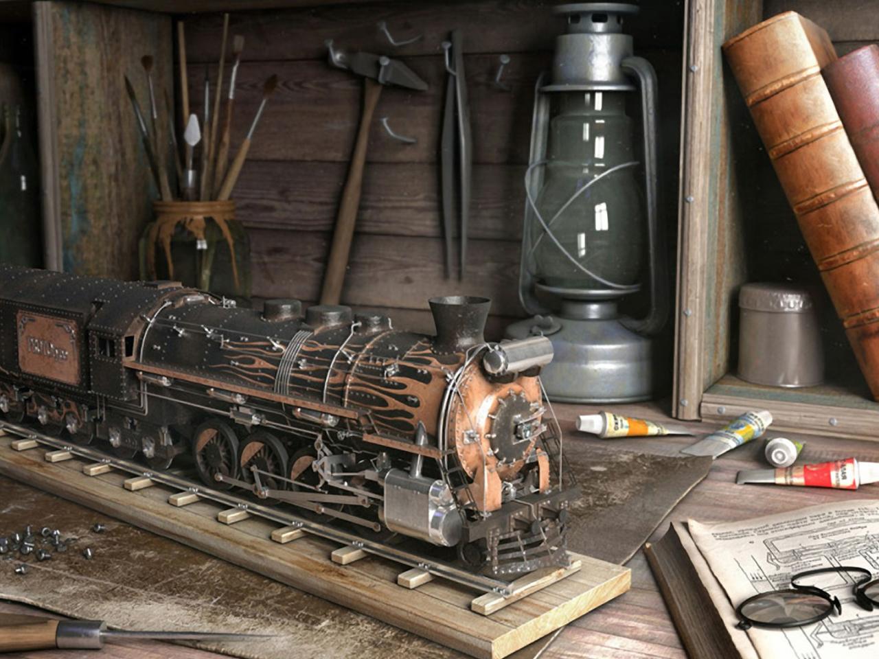 обои Полка с инструментами и железная дорога фото