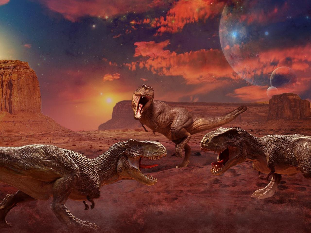 обои Поединок трех динозавров фото