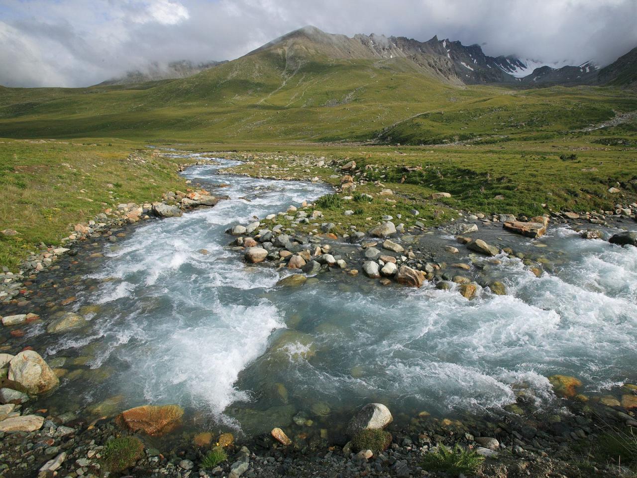 обои River Flowing Through Steppe, Kyrgyzstan фото