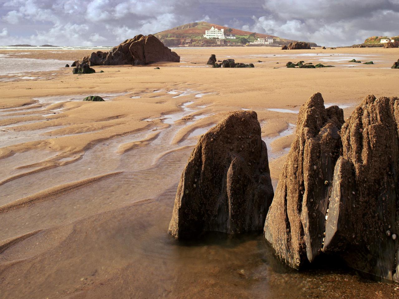 обои Bigbury Beach, Burgh Island, Devon, England фото