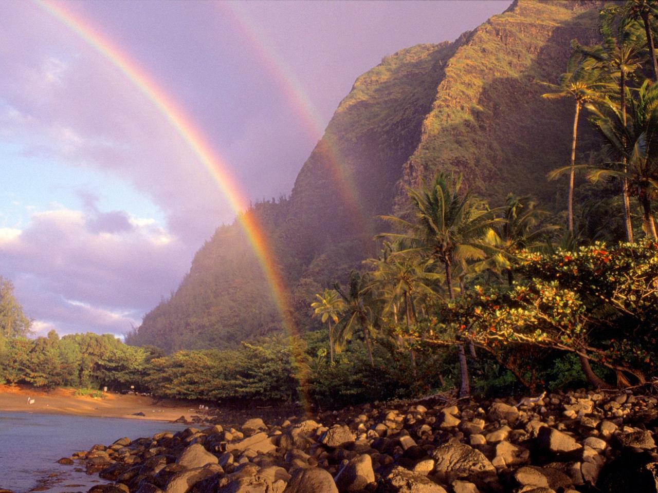 обои Double Rainbow, Kee Beach, Kauai, Hawaii фото