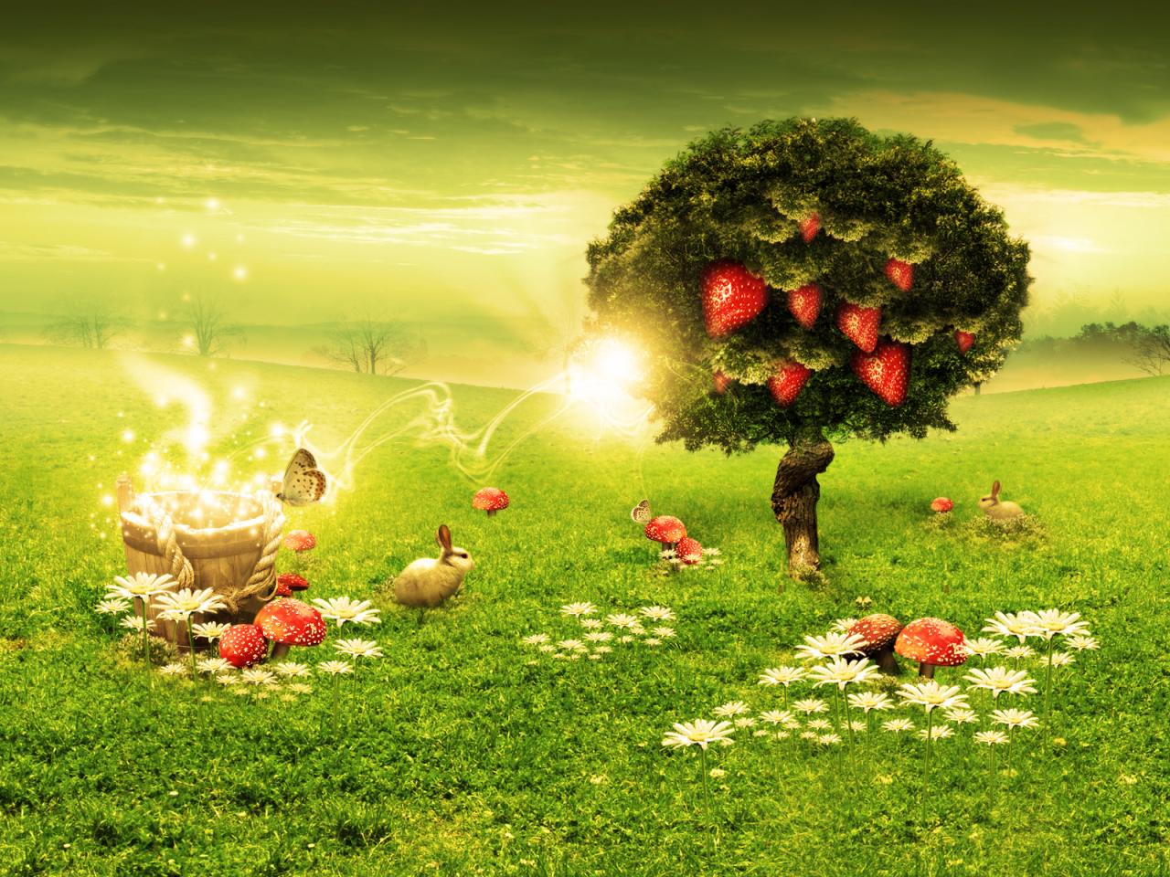 обои Золотое ведерко магии, два кролика и дерево с клубничками фото
