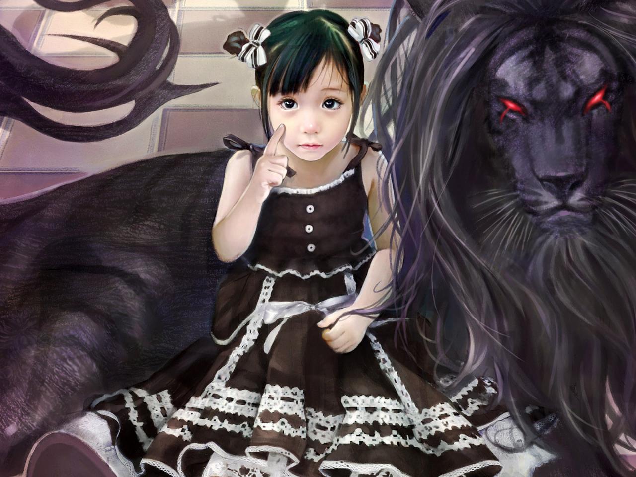 обои Girl and Black Lion фото