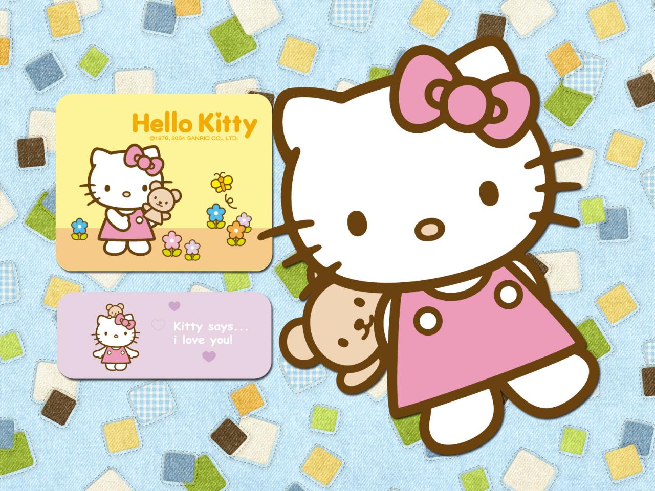 обои Большая кошка и заяц Hello Kitty на голубом фото