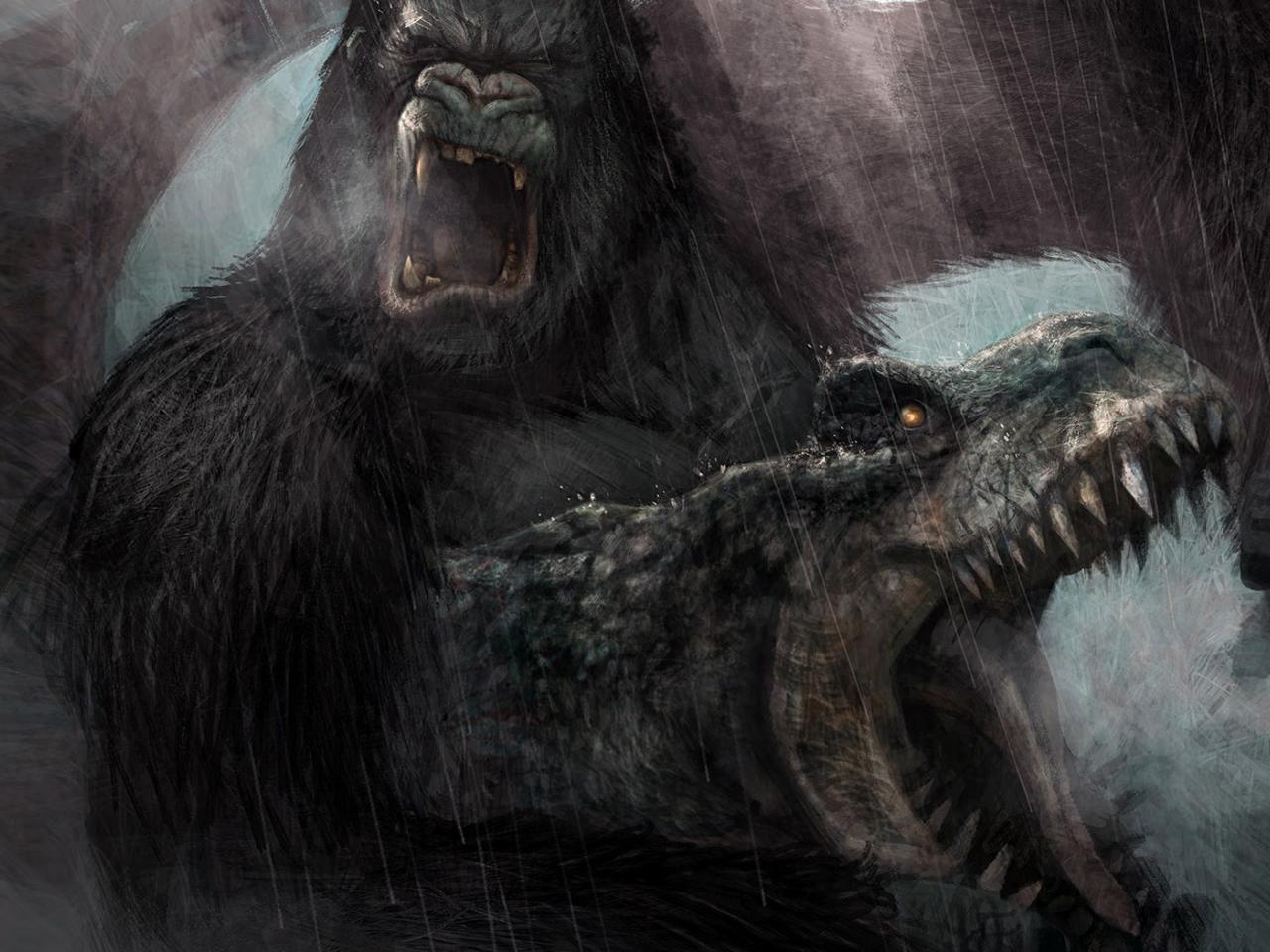 обои Битва гориллы и тиранозавра фото