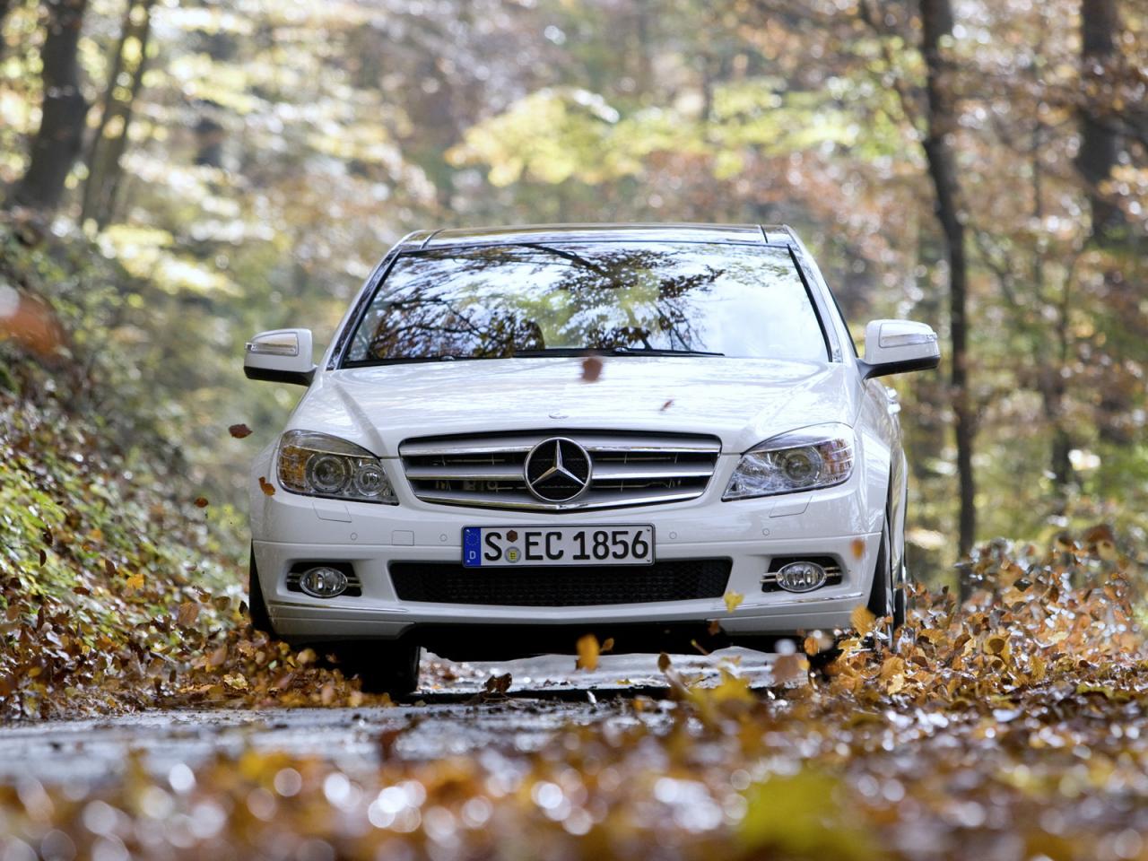 обои Mercedes-Benz C350 едет по осенему лесу фото