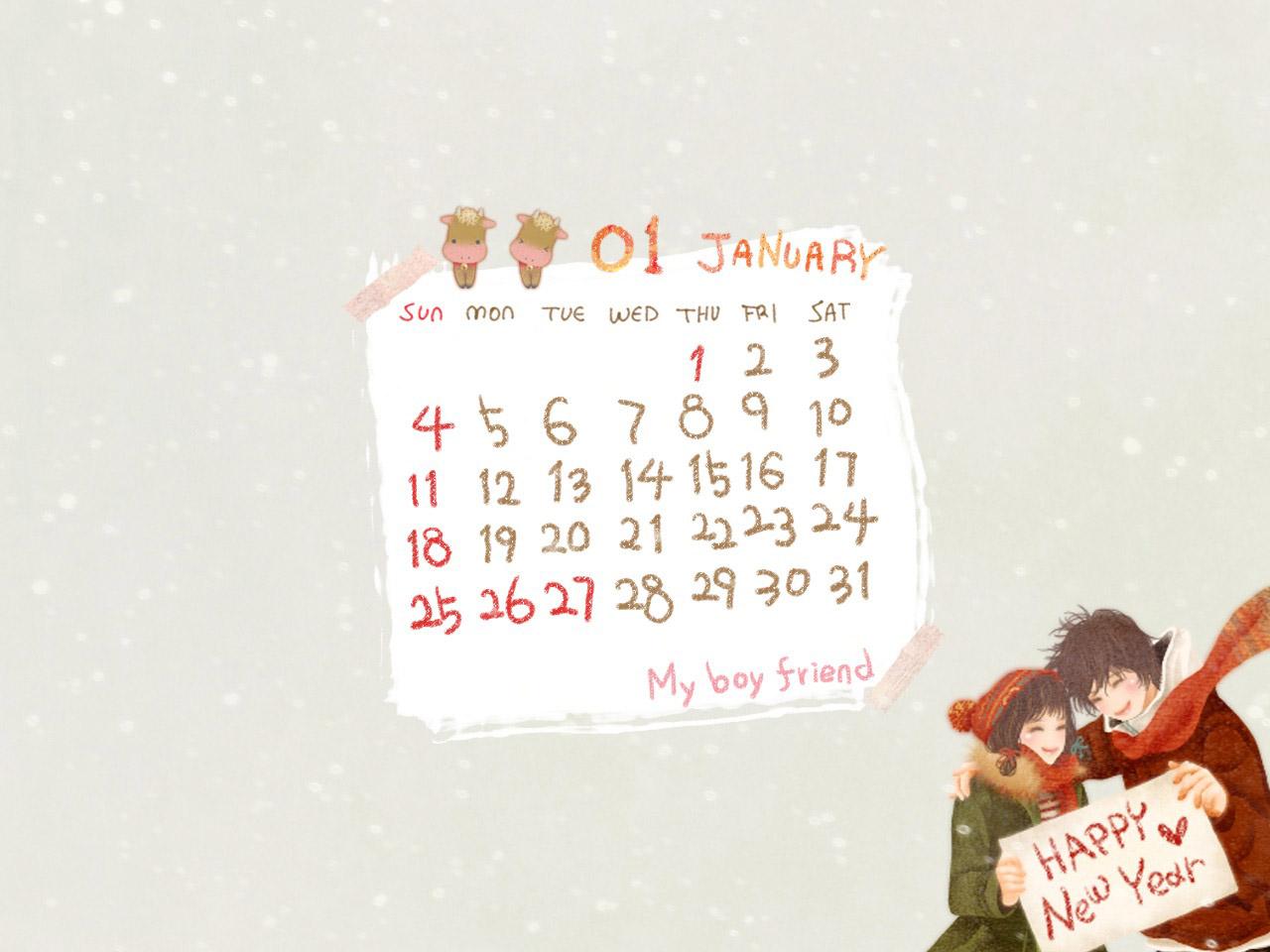 обои Парочка встречающая новый год с календарем января фото