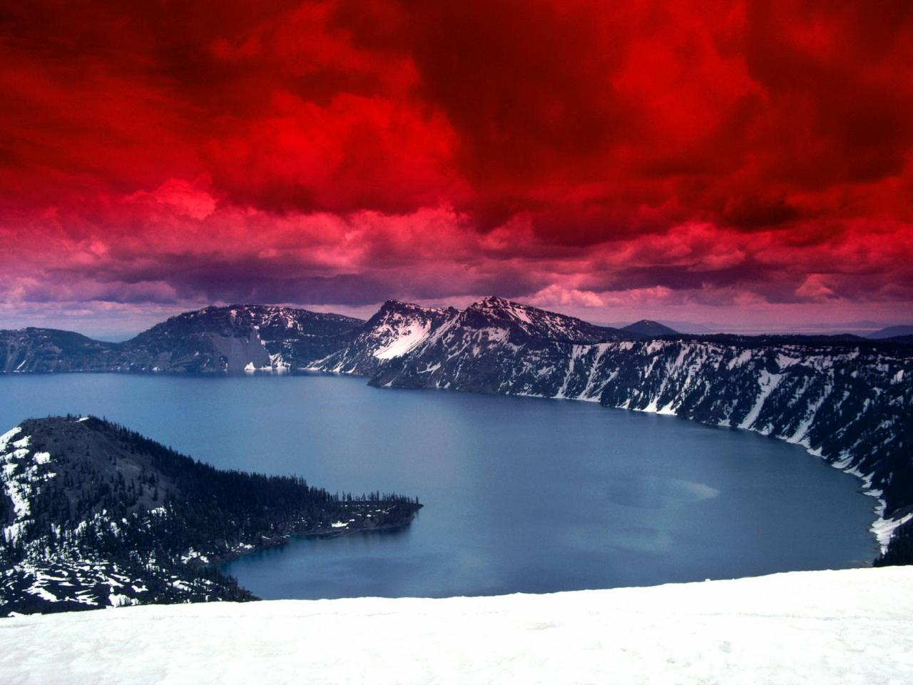 обои Scarlet Skies,   Crater Lake,   Oregon фото