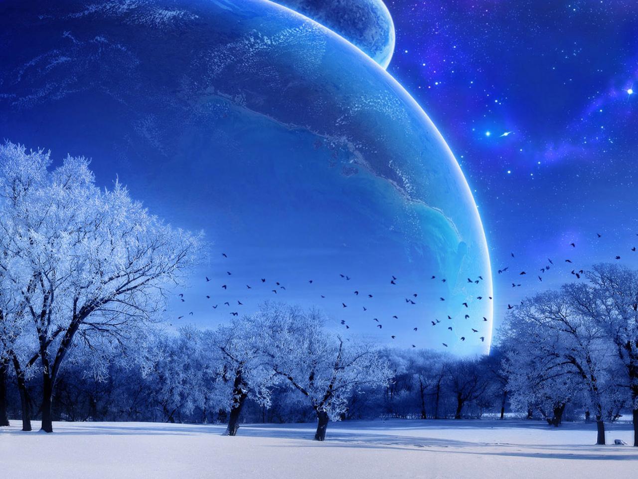 обои Зима на фоне планет фото