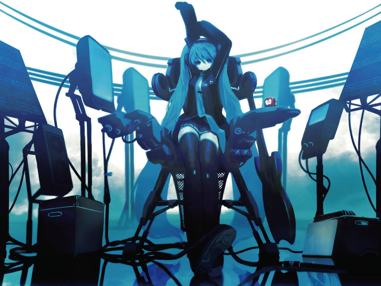 обои Vocaloid - Девушка среди компьютеров фото