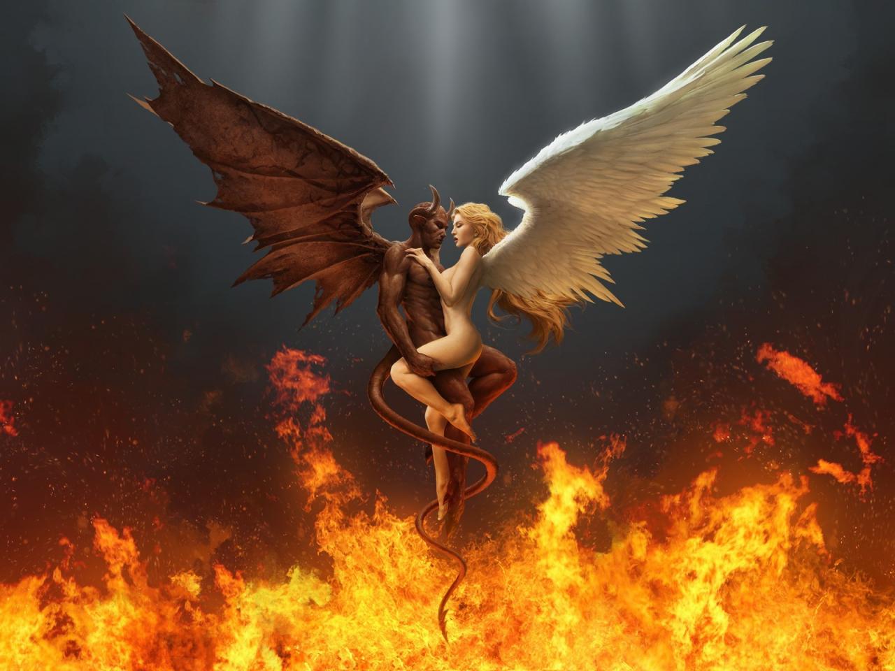 обои Ангел,   дьявол,   огонь,   сплетение,   крылья фото