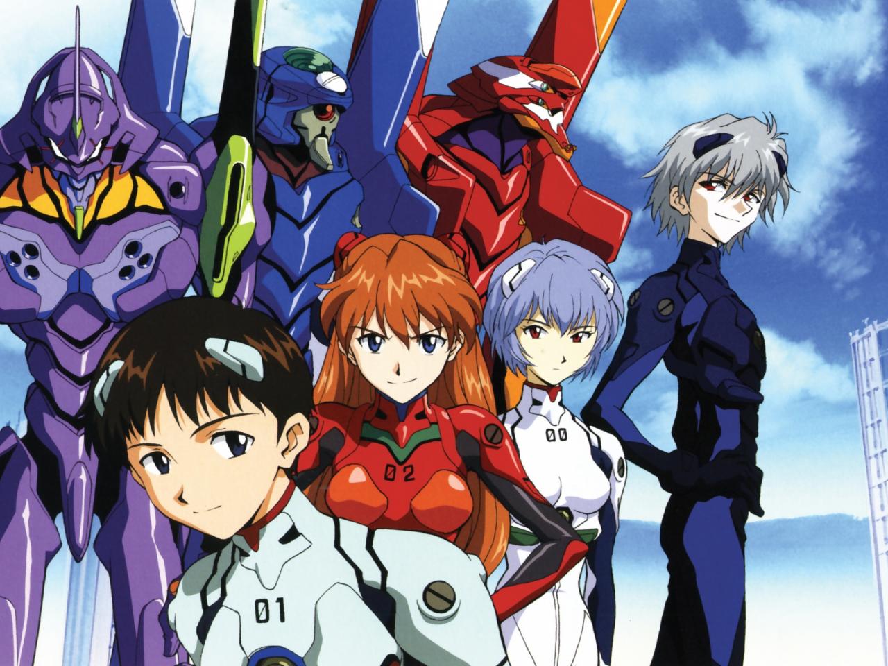 Обои для рабочего стола Evangelion - 4 пилота и 3 ЕВЫ на фоне неба фото -  Раздел обоев: Evangelion (Аниме)