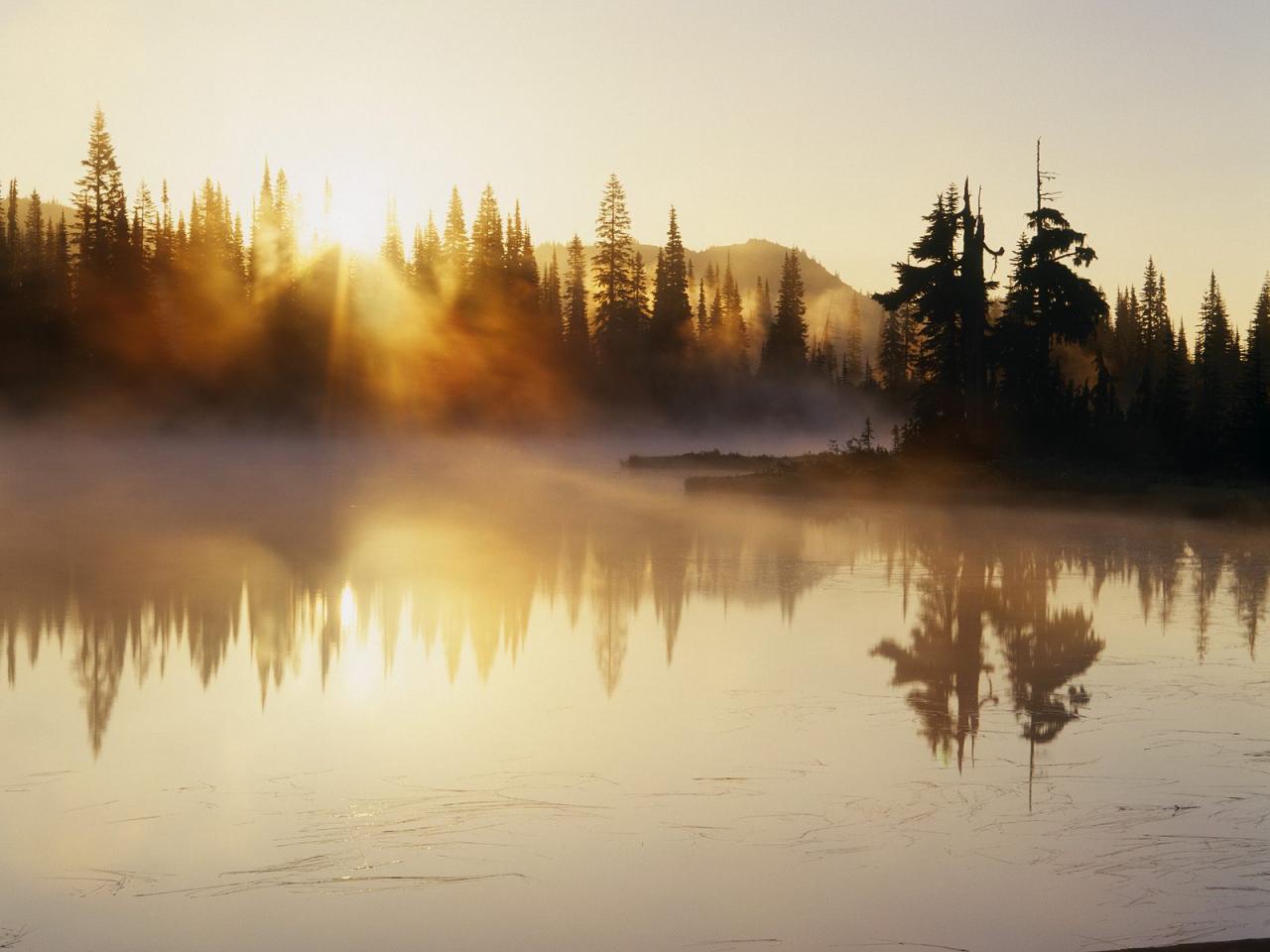 обои Fog Over Reflection Lake at Sunrise,   Mount Rainier National Park,   Washington фото