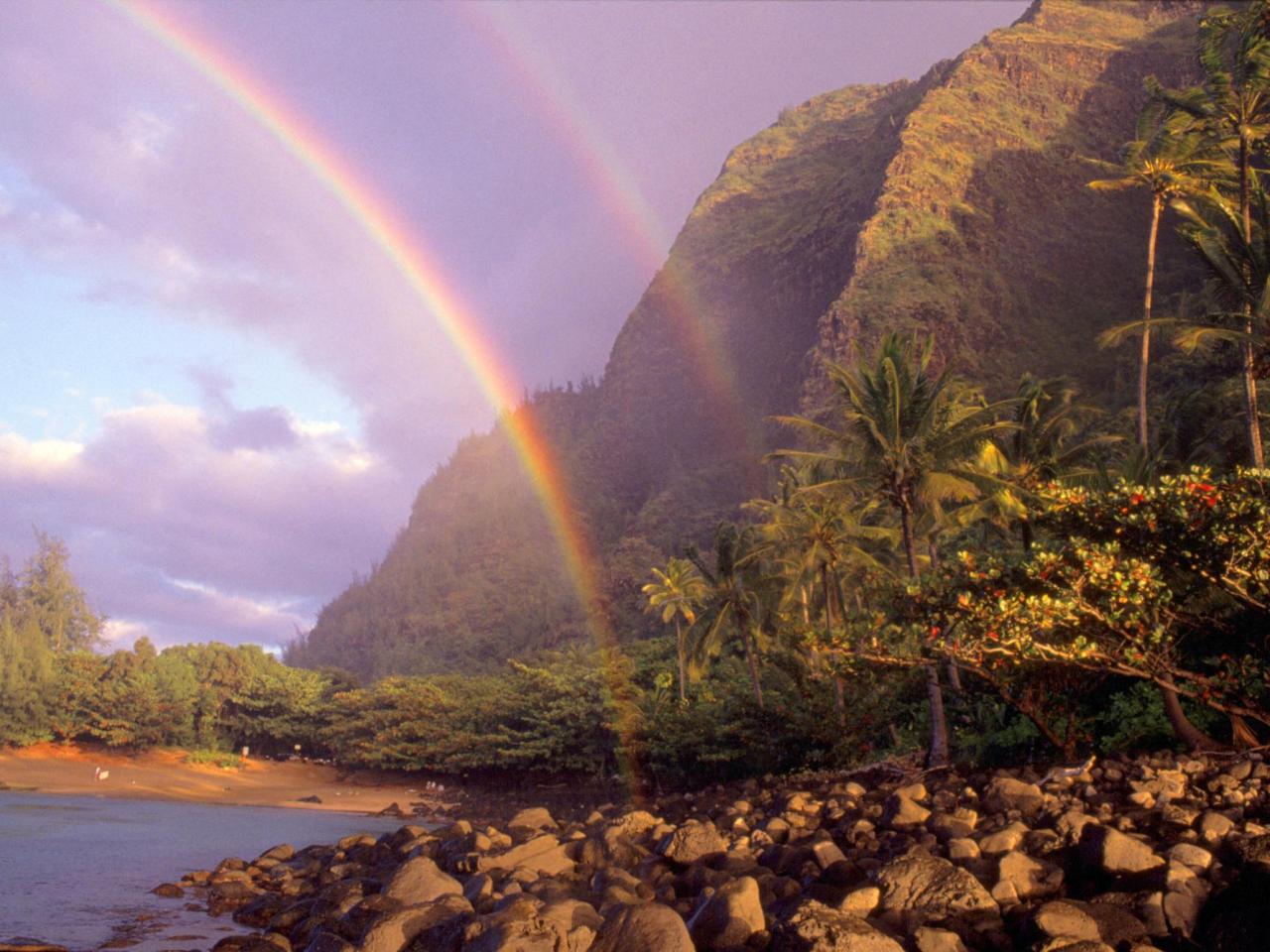 обои Double Rainbow,   Kee Beach,   Kauai,   Hawaii фото