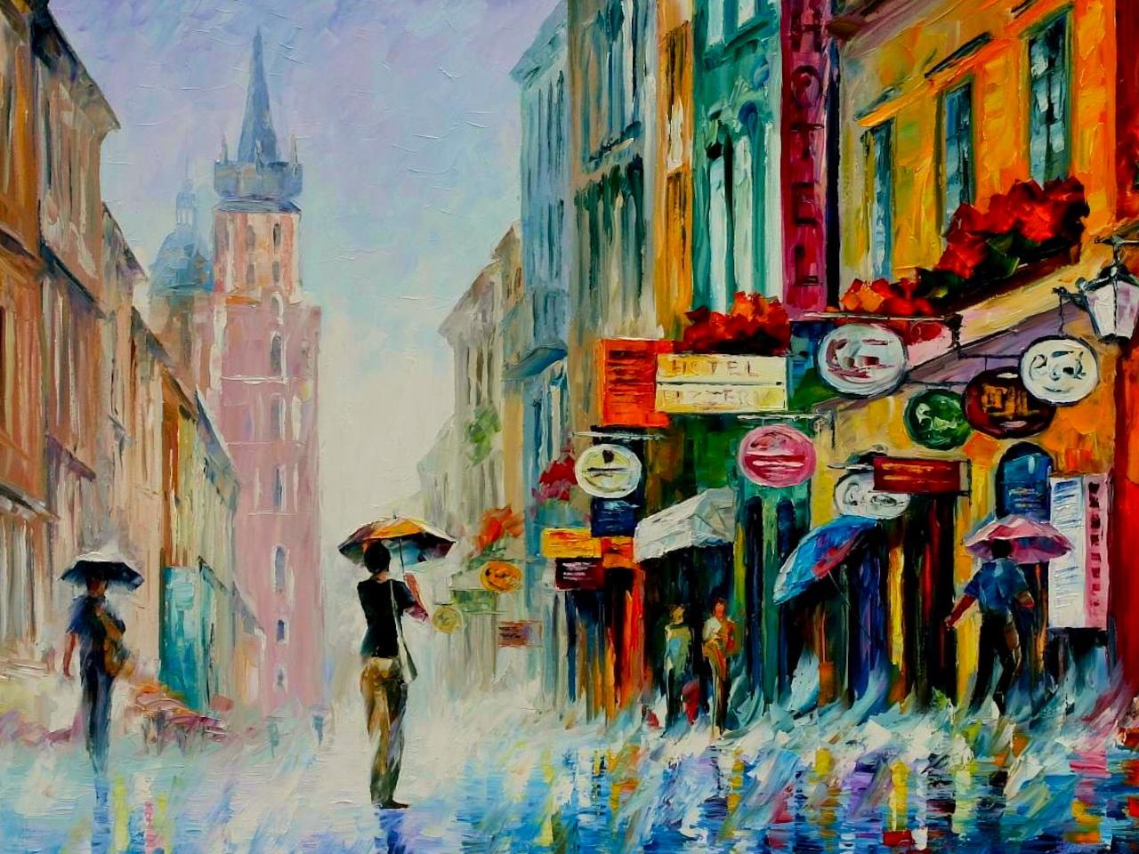 обои Рисованные город и люди под зонтами фото