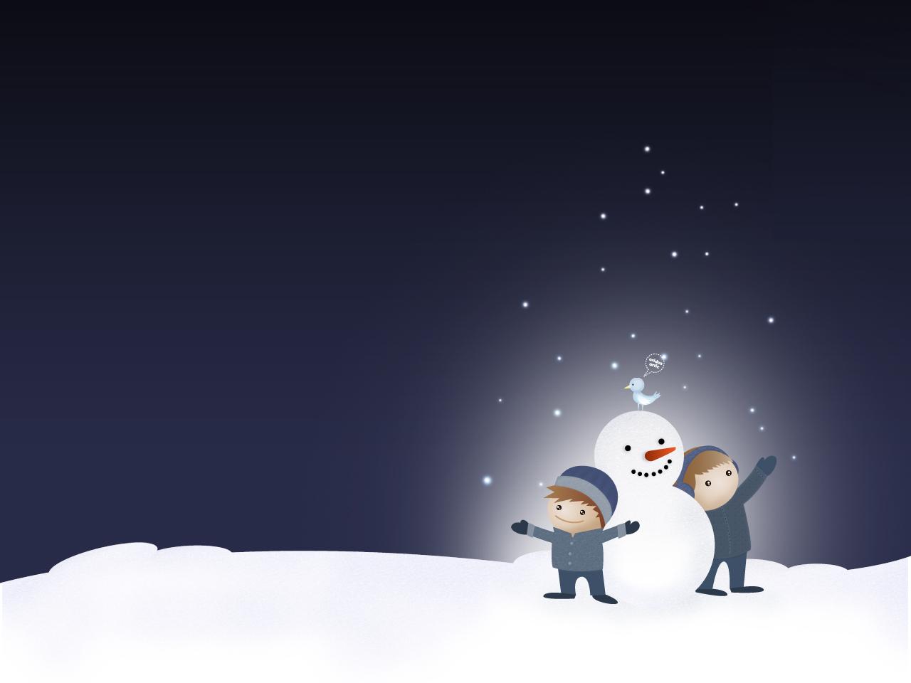 обои Дети и снеговик фото