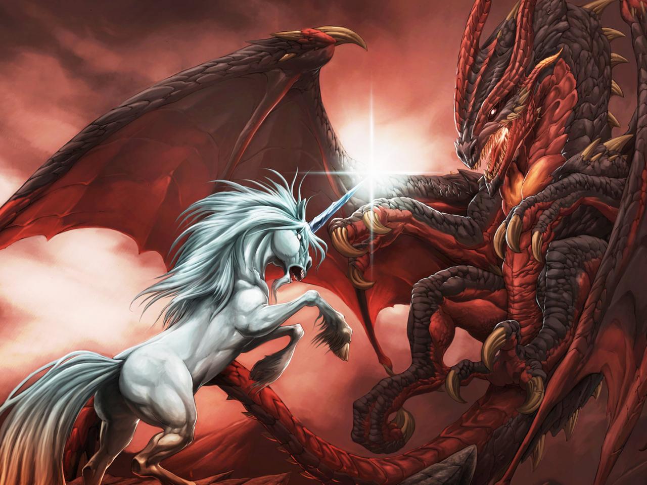 обои Однорогий конь в бое с драконом фото