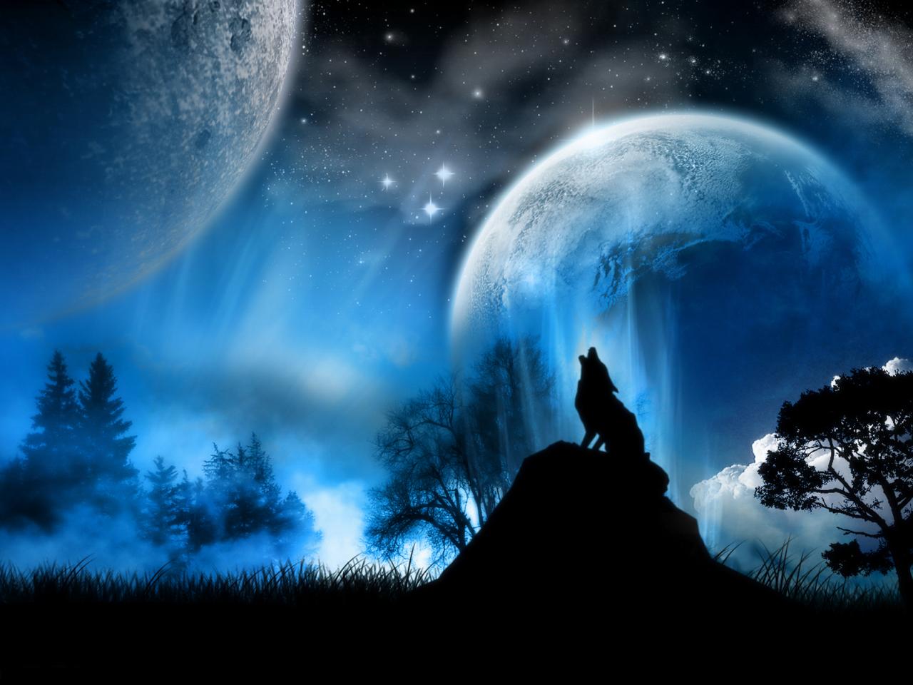 обои Волк воет на планеты на небе фото