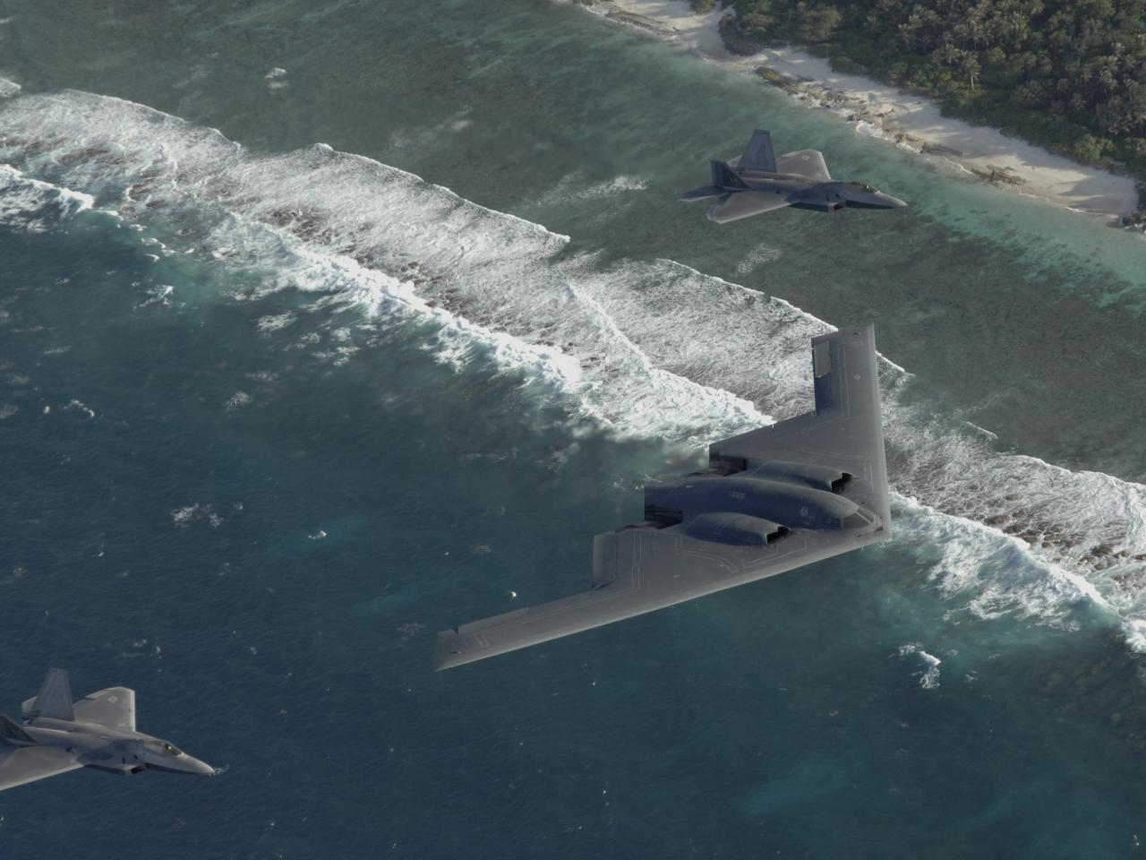 обои Черный стелс и два истребителя летят над берегом фото