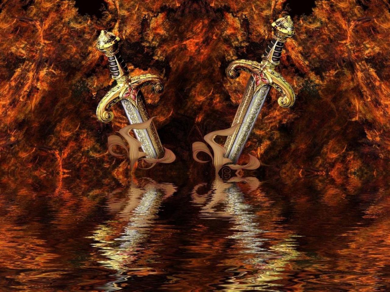 обои Два меча на фоне огня фото