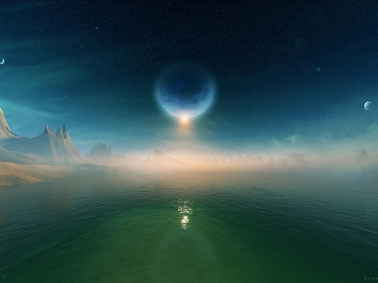 обои Озеро на чужой планете фото