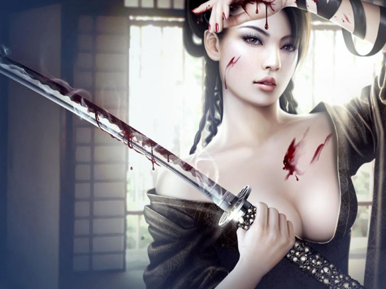 обои Девушка с мечом испачканная в крови фото