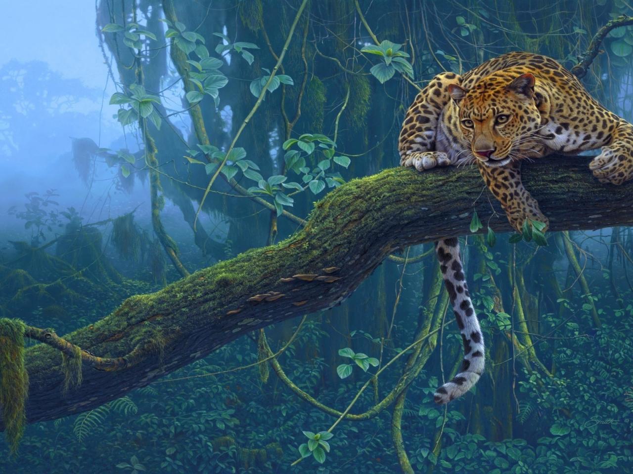 обои Ягуар хищник на дереве в тропиках фото