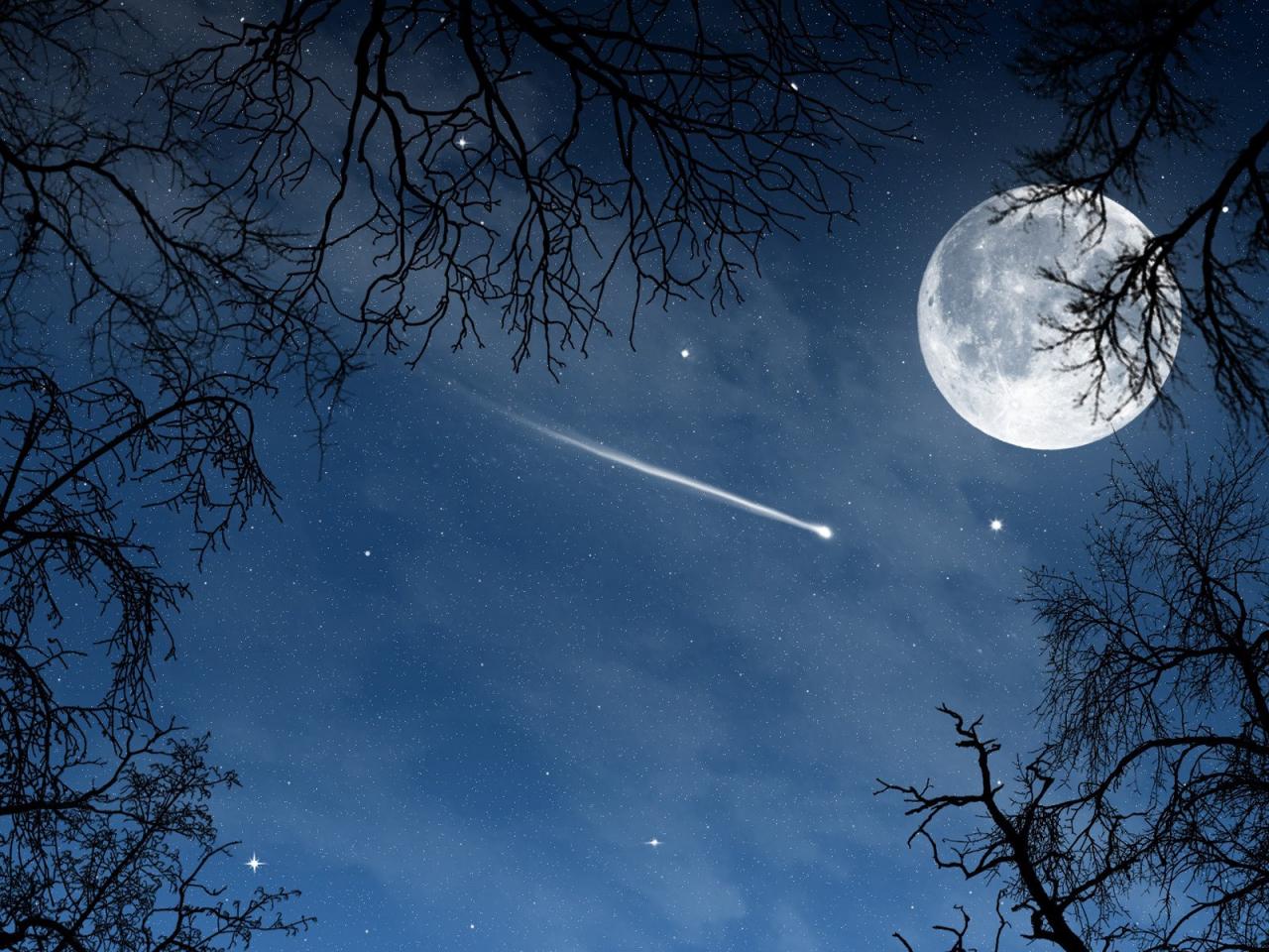 обои Падающая звезда на фоне лунного неба фото