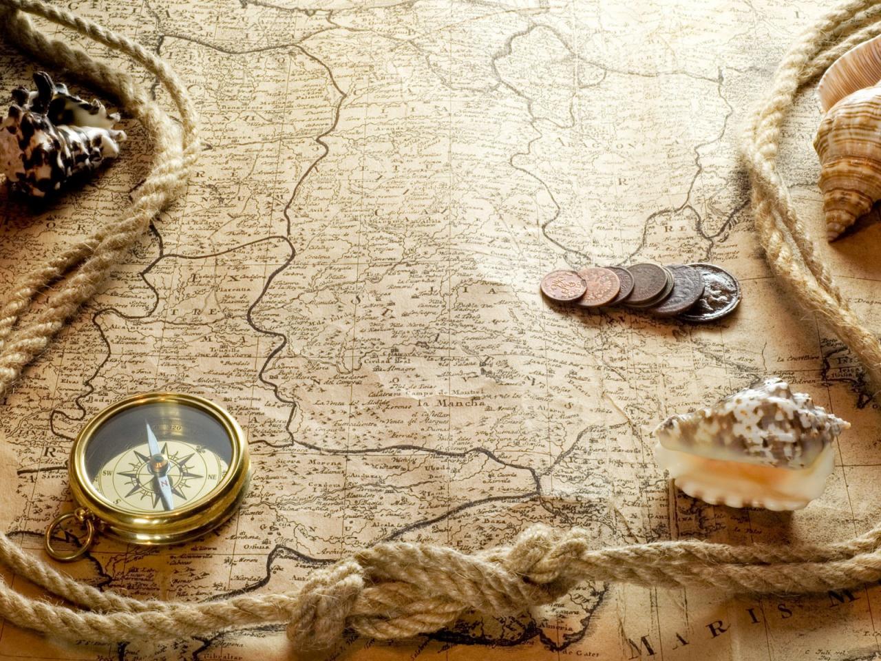 обои Веревка,   ракушки,   компас и деньги на карте фото