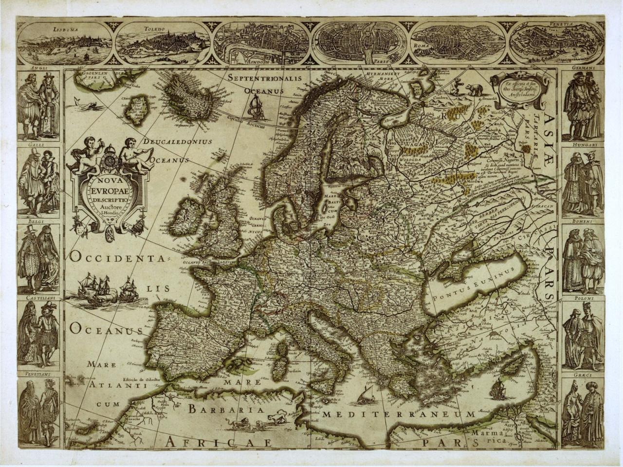 обои Старинная карта Европы и рисунки народностей фото
