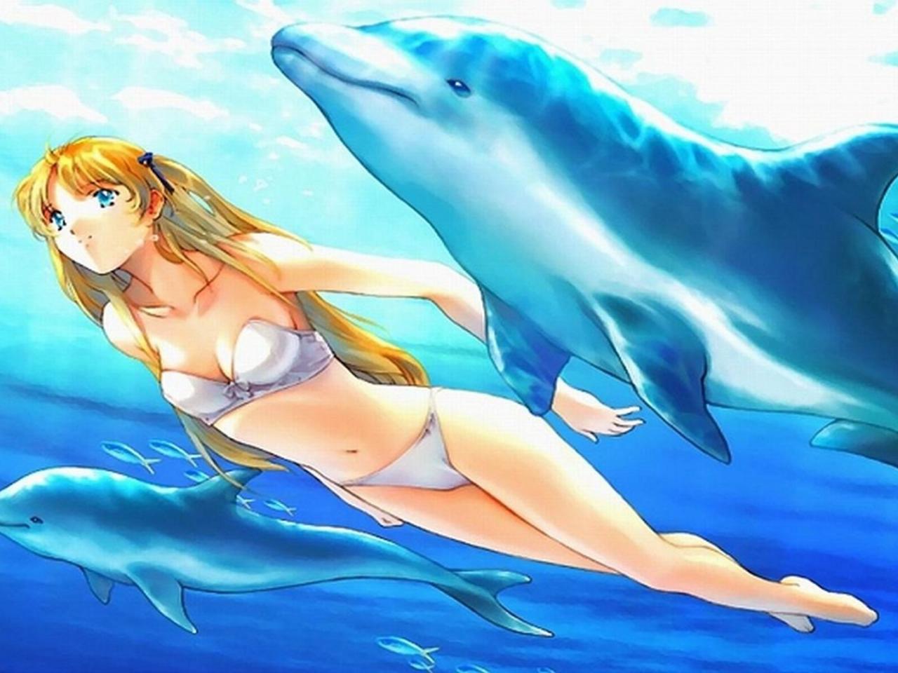 обои Девочка и дельфины фото