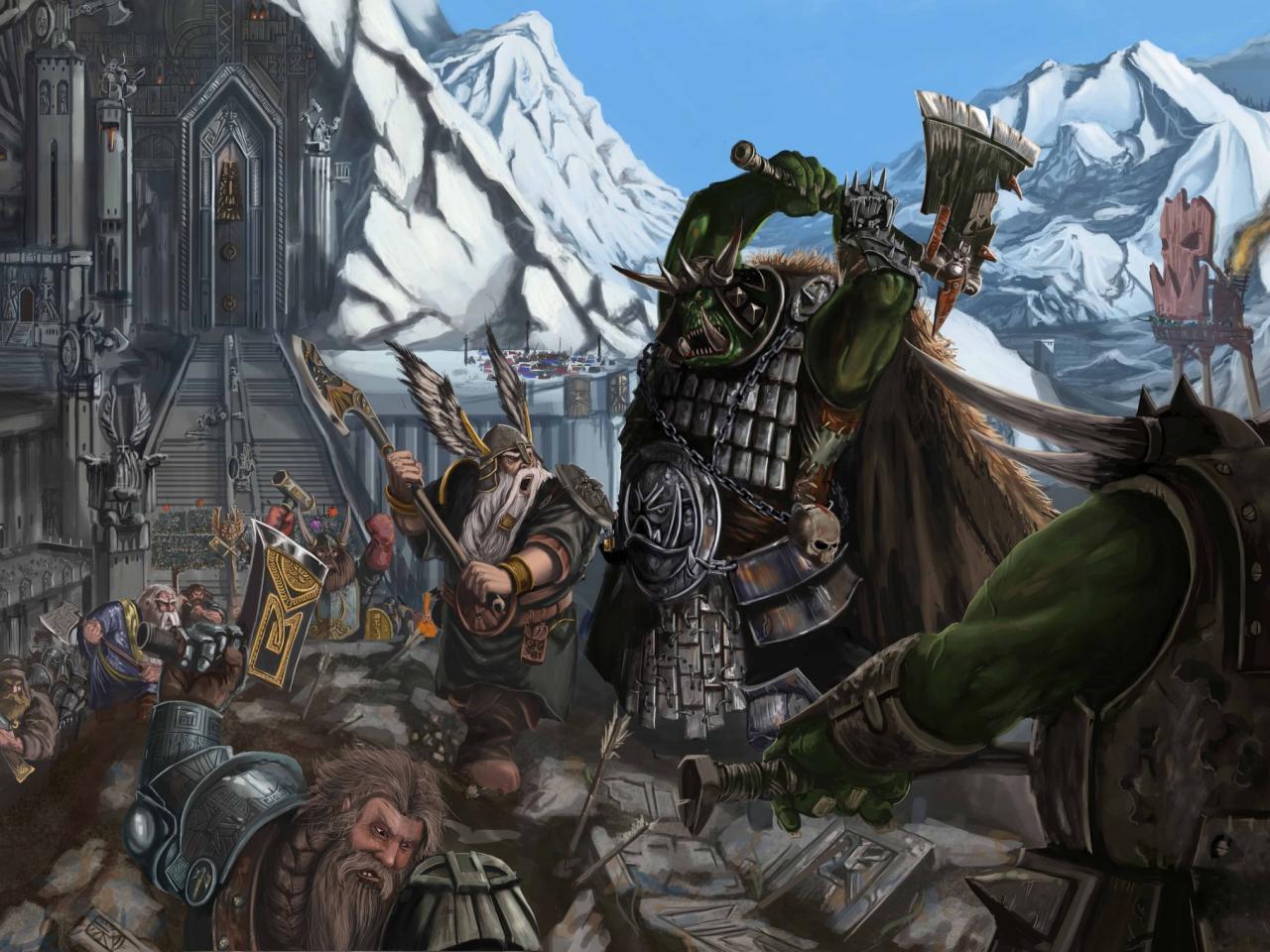 обои Warhammer,   нападение орков на крепость фото