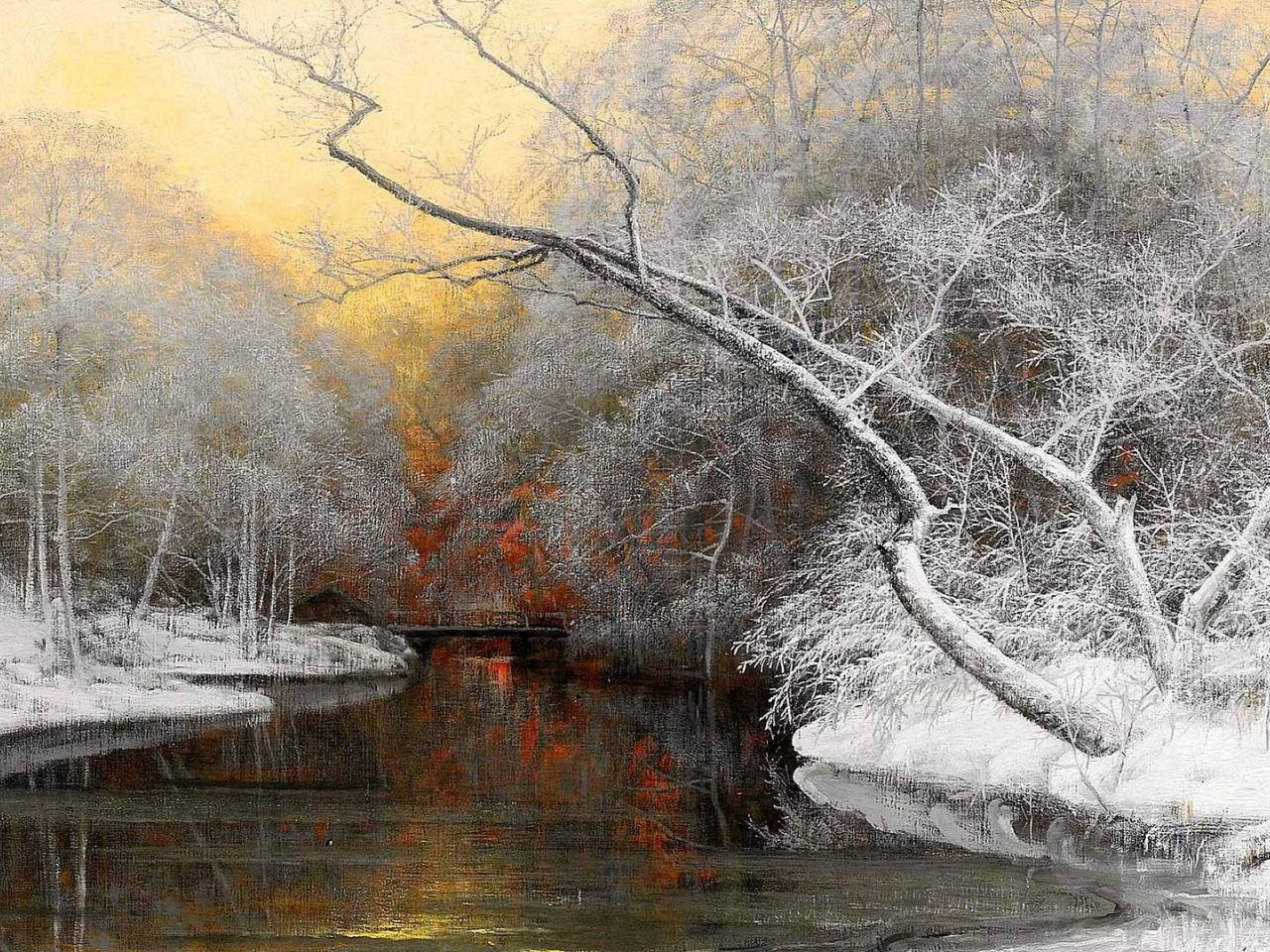обои Рисунок зимы у речки фото