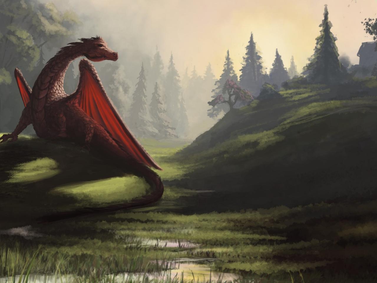 обои Рисунок дракона на лужайке фото