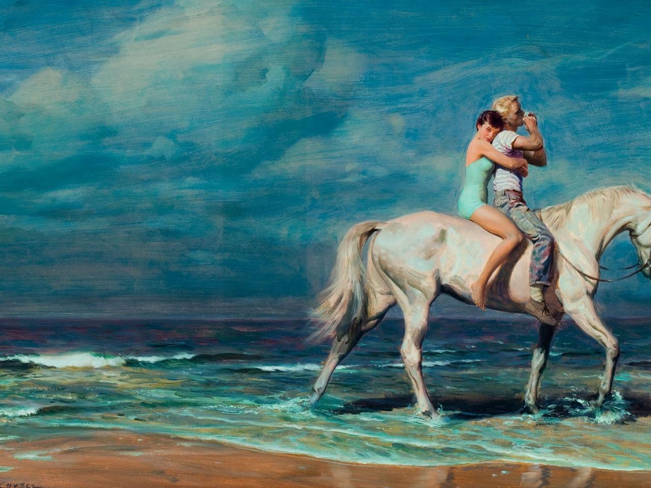 обои Рисунок пары на белом коне у моря фото