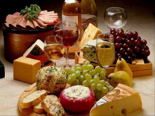 обои Сыр, вино и виноград фото