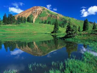 обои Горное озеро с зеленой травой и деревьями на берегу фото