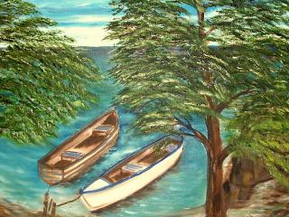 обои Две лодки у берега  на рисунке фото