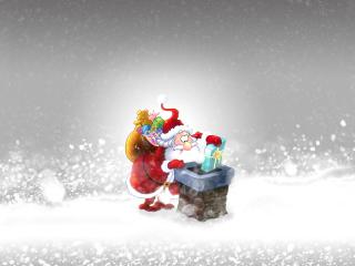обои Дед Мороз бросает подарки в дымоход фото
