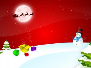 обои Снеговичок,   елки,   подарки и Санта на небе фото
