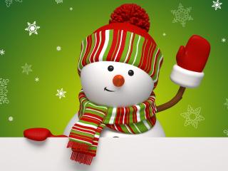 обои Симпатичный снеговичок в шапочке,   шарфике и в варежках фото