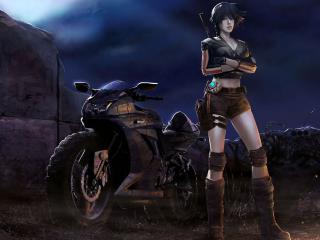 обои Девушка с мотоциклом у стены фото