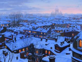 обои зима на крышах зданий вечерних фото