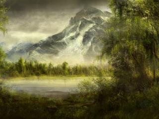 обои рисyнок природы у озера горного фото