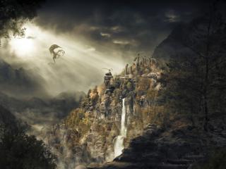 обои у скалистого водопада летучее существо фото