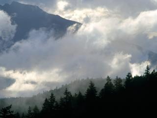 обои для рабочего стола: Туманные облака между гор